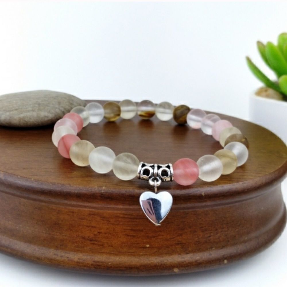 🍒 CHERRY QUARTZ HEART CHARM BRACELET 🍒